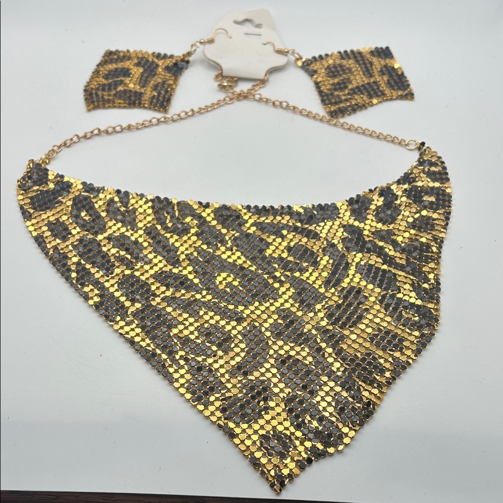 Gold Black Leopard Mesh Statement Bib Necklace Set Bold Glam